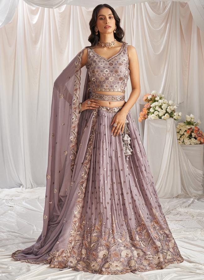 Poly Georgette Lavender Wedding Wear Sequins Work Lehenga Choli